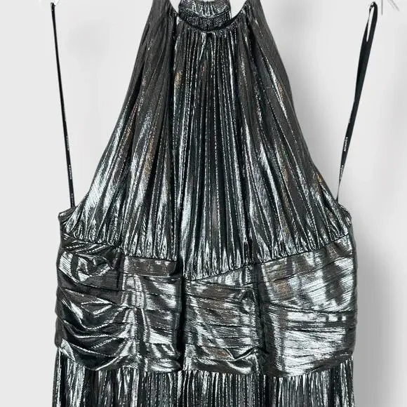$798 Retrofete Reiss Dress Silver Lame Pleated Halter Cape Designer Dress XL